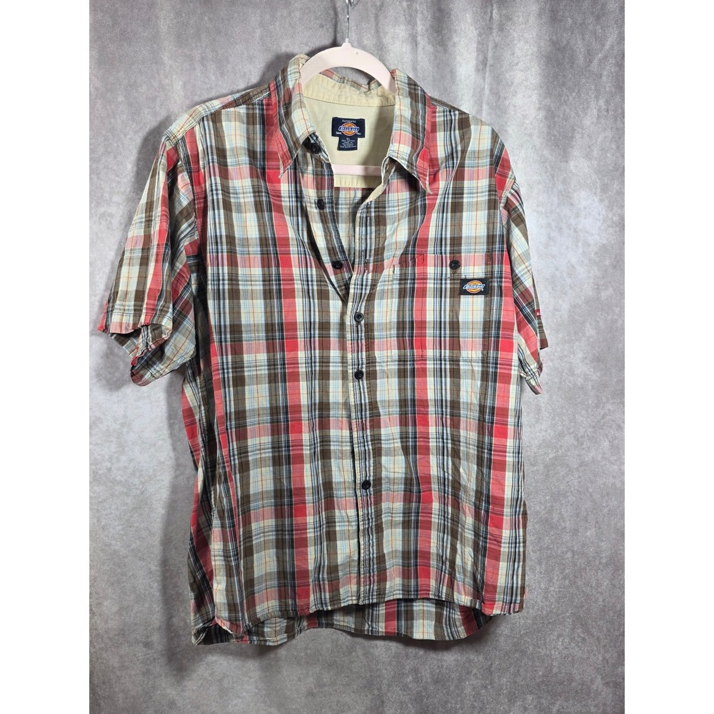 Dickies Mens XL Short Sleeve Button Down Shirt Red Brown Plaid Cotton Workwear